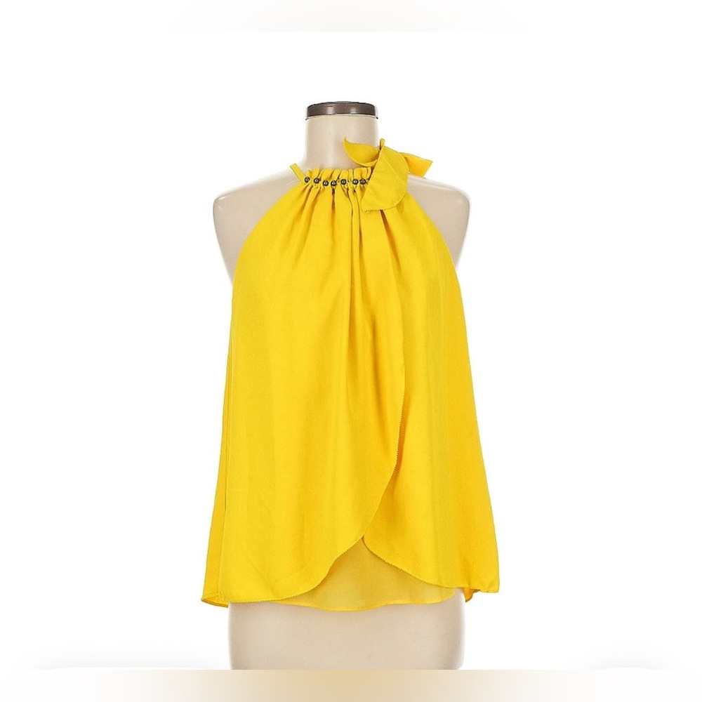 Gorgeous Yellow Tie Front Blouse with Pearls at neckline